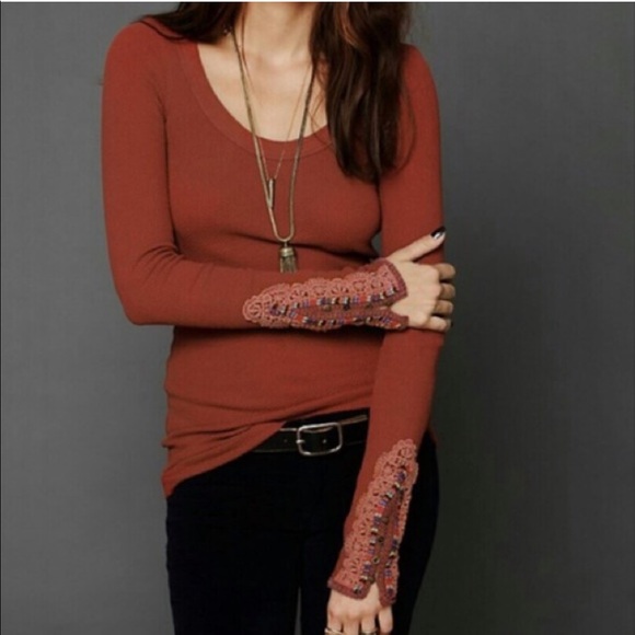 Free People Tops - • Free People • Meadow Fiesta Cuff Thermal L/S Red